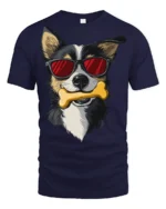 Stylish Dog Wearing Shades With Bone Fun Graphic Tee Shirt - navy t-shirt on white background