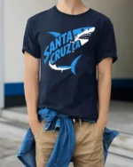 Santa Cruz Shark Surf Style Ocean Graphic Tee - model wearing navy tee with hands in pockets