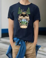 Relaxing Skeleton Skull Camping Graphic T Shirt Outdoor Fun Tee - model wearing navy tee with hands in pockets