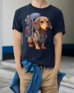 Hiking Dachshund Dog Graphic T Shirt Outdoor Lover Cute Tee - model wearing navy tee with hands in pockets