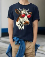 Funny Cool Cow With Sunglasses Graphic T Shirt Farm Humor Tee - model wearing navy tee with hands in pockets