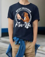 Best Friends For Life Boxer Dog Graphic T Shirt Cute Pet Tee - model wearing navy tee with hands in pockets