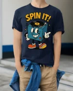 Spin It Retro DJ Turntable Cartoon Graphic T Shirt Music Tee - model wearing navy tee with hands in pockets