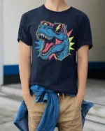 Cool T Rex Dinosaur Sunglasses Lightning Graphic T Shirt Tee - model wearing navy tee with hands in pockets