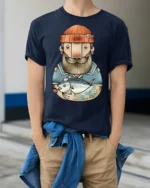 Bearded Angler Sailor Fish Catch Graphic Tee Design - model wearing navy tee with hands in pockets