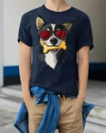 Stylish Dog Wearing Shades With Bone Fun Graphic Tee Shirt - model wearing navy tee with hands in pockets
