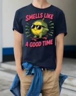 Funny Durian Smells Like A Good Time Graphic T Shirt - model wearing navy tee with hands in pockets