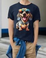 Stylish Wiener Dog Sunglasses Cute Puppy Graphic T Shirt - model wearing navy tee with hands in pockets