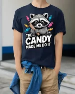 Candy Made Me Do It Raccoon Funny Graphic T Shirt - model wearing navy tee with hands in pockets