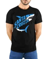 Santa Cruz Shark Surf Style Ocean Graphic Tee - model wearing black tee with hands behind back