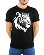 Fierce Tiger Head Graphic T Shirt Bold Animal Design Tee - model wearing black tee with hands behind back