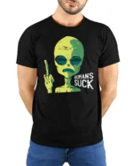 Funny Alien Humans Suck Graphic T Shirt Sarcastic Humor Tee - model wearing black tee with hands behind back