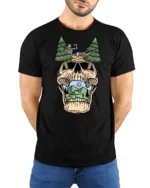 Relaxing Skeleton Skull Camping Graphic T Shirt Outdoor Fun Tee - model wearing black tee with hands behind back