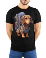 Hiking Dachshund Dog Graphic T Shirt Outdoor Lover Cute Tee - model wearing black tee with hands behind back