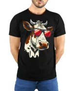 Funny Cool Cow With Sunglasses Graphic T Shirt Farm Humor Tee - model wearing black tee with hands behind back