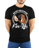 Best Friends For Life Boxer Dog Graphic T Shirt Cute Pet Tee - model wearing black tee with hands behind back
