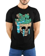 Surreal Skull Mountain Landscape Graphic T Shirt Nature Art Tee - model wearing black tee with hands behind back