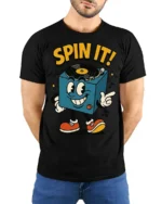 Spin It Retro DJ Turntable Cartoon Graphic T Shirt Music Tee - model wearing black tee with hands behind back