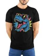 Cool T Rex Dinosaur Sunglasses Lightning Graphic T Shirt Tee - model wearing black tee with hands behind back