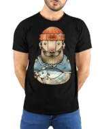Bearded Angler Sailor Fish Catch Graphic Tee Design - model wearing black tee with hands behind back