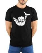 Shark Hand Gesture Graphic T Shirt Funny Ocean Animal Tee - model wearing black tee with hands behind back
