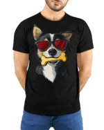 Stylish Dog Wearing Shades With Bone Fun Graphic Tee Shirt - model wearing black tee with hands behind back