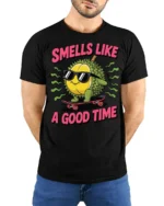 Funny Durian Smells Like A Good Time Graphic T Shirt - model wearing black tee with hands behind back