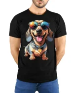Stylish Wiener Dog Sunglasses Cute Puppy Graphic T Shirt - model wearing black tee with hands behind back