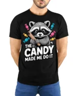 Candy Made Me Do It Raccoon Funny Graphic T Shirt - model wearing black tee with hands behind back