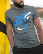 Santa Cruz Shark Surf Style Ocean Graphic Tee - model wearing grey tee, leaning on column