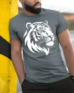 Fierce Tiger Head Graphic T Shirt Bold Animal Design Tee - model wearing grey tee, leaning on column