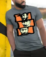 Vintage Cowboy Portrait Graphic T Shirt Western Style Tee - model wearing grey tee, leaning on column