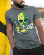Funny Alien Humans Suck Graphic T Shirt Sarcastic Humor Tee - model wearing grey tee, leaning on column