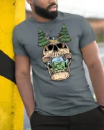 Relaxing Skeleton Skull Camping Graphic T Shirt Outdoor Fun Tee - model wearing grey tee, leaning on column