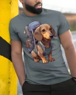 Hiking Dachshund Dog Graphic T Shirt Outdoor Lover Cute Tee - model wearing grey tee, leaning on column