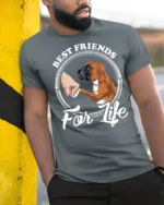 Best Friends For Life Boxer Dog Graphic T Shirt Cute Pet Tee - model wearing grey tee, leaning on column