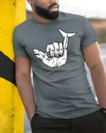 Shark Hand Gesture Graphic T Shirt Funny Ocean Animal Tee - model wearing grey tee, leaning on column
