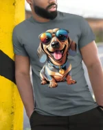 Stylish Wiener Dog Sunglasses Cute Puppy Graphic T Shirt - model wearing grey tee, leaning on column