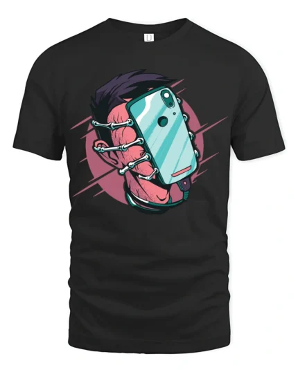 Skeleton Hand Phone Grip Graphic T Shirt Retro Street Style - black t-shirt on white background