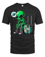 Funny Traveling Alien With Suitcase Graphic T Shirt Space Humor - black t-shirt on white background