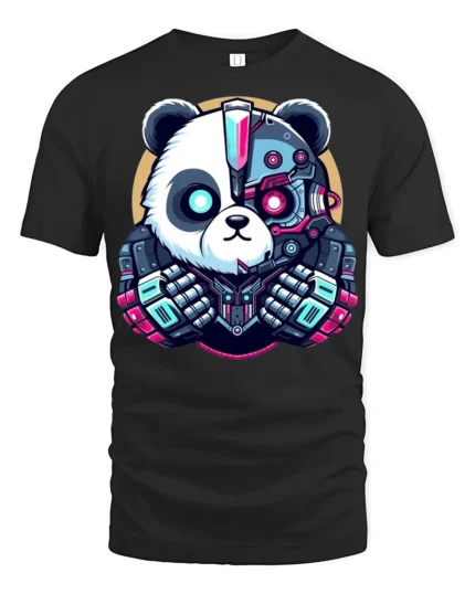 Cyberpunk Panda Robot Graphic T Shirt Futuristic Tech Style - black t-shirt on white background