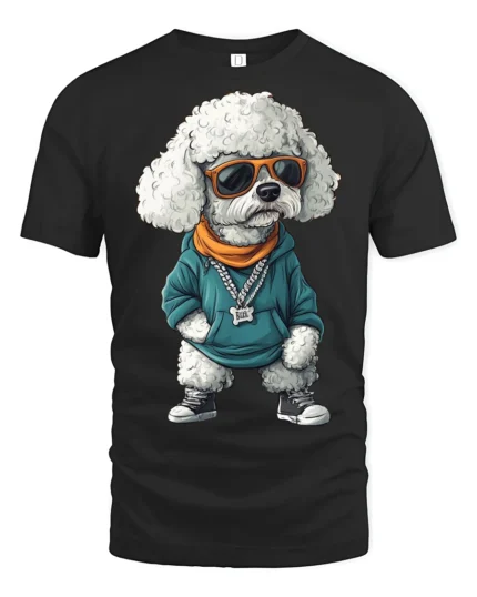 Stylish Rapper Poodle Graphic T Shirt Cool Street Vibe Design - black t-shirt on white background
