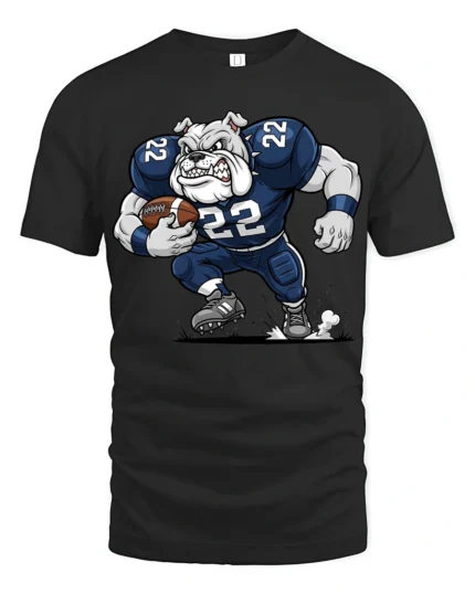 Cool Bulldog Running Football Graphic T Shirt Athletic Cartoon Tee - black t-shirt on white background