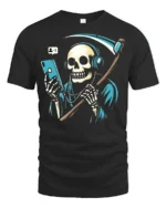 Funny Grim Reaper Phone Addict Graphic T Shirt Dark Humor Style - black t-shirt on white background