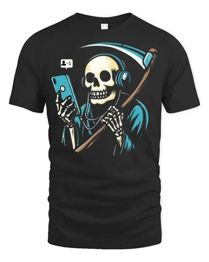 Funny Grim Reaper Phone Addict Graphic T Shirt Dark Humor Style - black t-shirt on white background