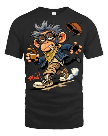 Crazy Monkey Skater Coffee Graphic T Shirt Urban Cartoon Vibe - black t-shirt on white background