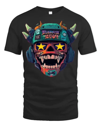 Crazy Monster Skull Headphones Graphic T Shirt Street Art Style - black t-shirt on white background