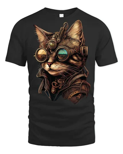 Steampunk Cat With Goggles Graphic T Shirt Vintage Sci Fi Style - black t-shirt on white background