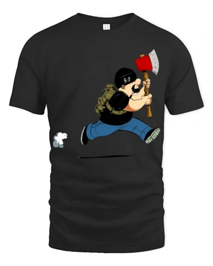 Funny Lumberjack Running With Axe Graphic T Shirt Cartoon Style - black t-shirt on white background