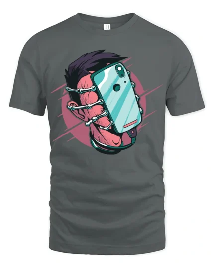 Skeleton Hand Phone Grip Graphic T Shirt Retro Street Style - gray t-shirt on white background